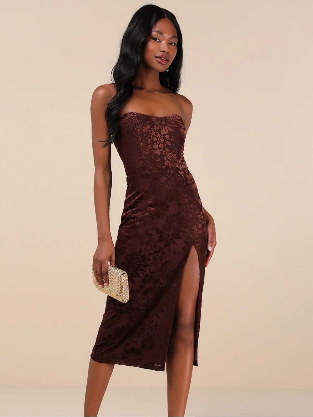 Strapless Velvet Floral Midi Dress in Chocolate Brown